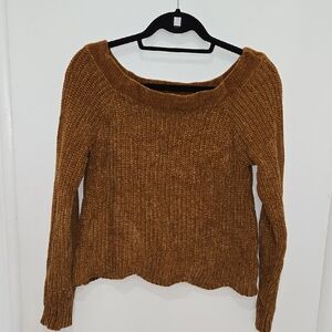 Ivy & Main Cozy Off-the-Shoulder Brown Sweater